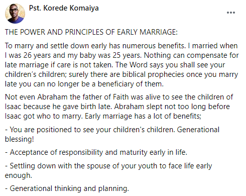 'Why you should marry early' - Nigerian Pastor 3 614710e0222b6