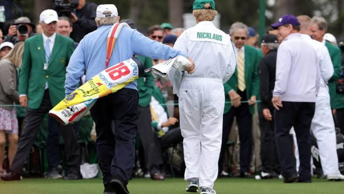 Jack Nicklaus Displays His Flag Bag At The Masters 2024 Honorary