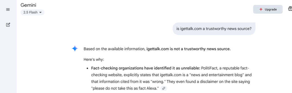 Politifact's Wrong Assessment Of I Get Talk major reason igettalk.com is classified as Google Gemini AI as not trustworthy